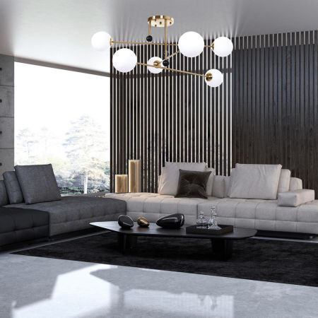 Moderní závěsná lampa z mosazné barvě BERSAGO W6 s bílými kulatými stínítky