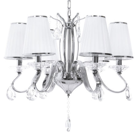 Křišťálový šestiramenný lustr FINEZZIA, bílá látková stínítka, chromované svítidlo na řetízku