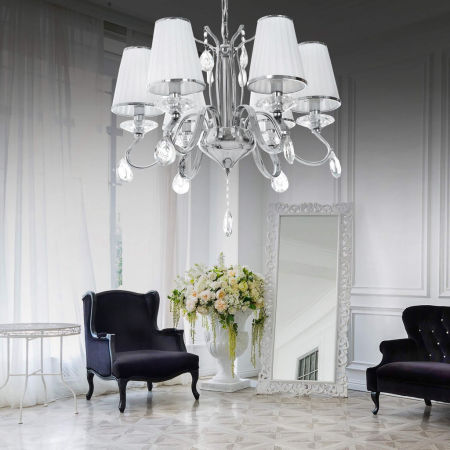 Křišťálový šestiramenný lustr FINEZZIA, bílá látková stínítka, chromované svítidlo na řetízku