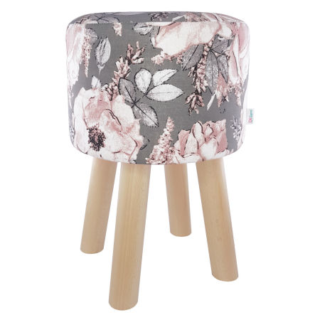 Módní, nadčasový puf s květy divokých růží na šedém pozadí