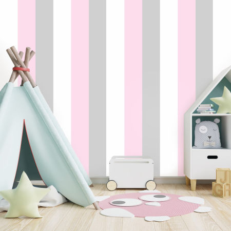 Bílo-růžovo-šedá dekorativní tapeta na zeď se svislými pruhy 16,6 cm