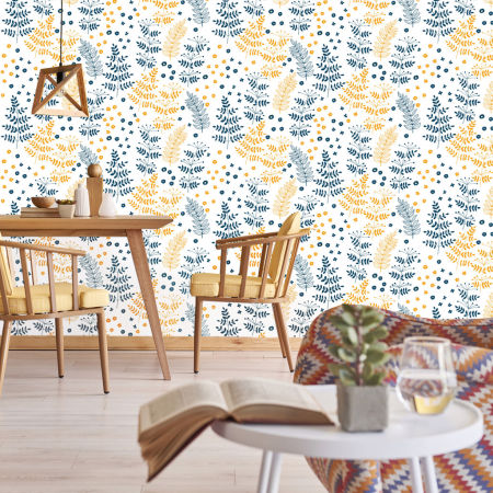 Bílá skandinávská tapeta s tmavě modrými a oranžovými květinami a rostlinami, kapradím