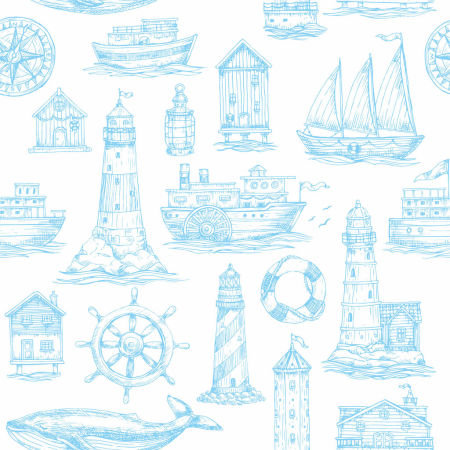 Světlá tapeta s mořským motivem, bílo-modrý maják