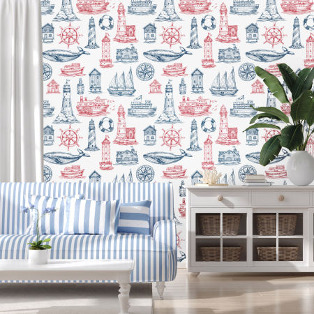 Námořnická tmavě modro-červená tapeta - maják, kormidlo, lodě, velryba