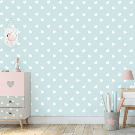 Stylová mátová tapeta do dětského pokoje s 5 cm bílými srdíčky