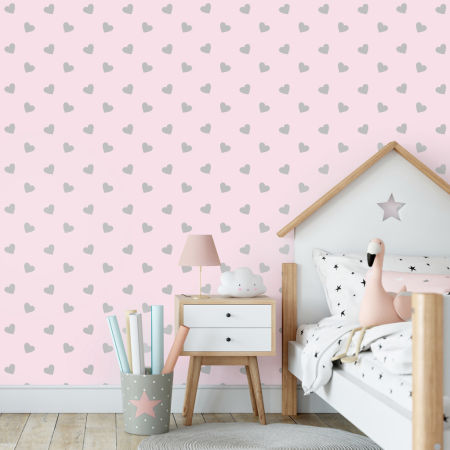 Jemná pastelově růžová tapeta s roztomilými šedými 5 cm srdíčky