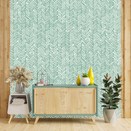 Zelená tapeta na zeď s bílými čárami, vzor rybí kosti, v boho stylu