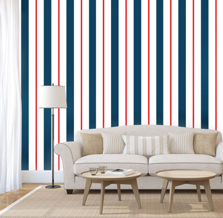 Tmavě modro-bílo-červená námořnická tapeta se svislými pruhy, dekorativní, námořní