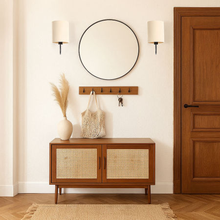 Světlá krémová nástěnná lampa v boho stylu s válcovým lněným stínidlem - BOHO