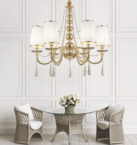 Zlatý klasický křišťálový lustr FABIONE W6 se šesti rameny, na řetízku