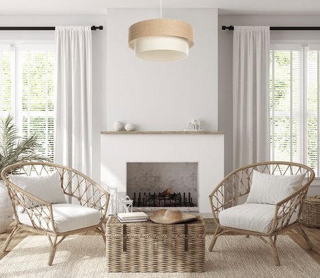 Závěsná BOHO lampa z juty s dvojitým béžovým a krémovým jutovým a lněným stínidlem
