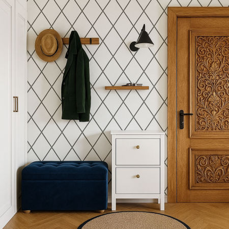 Loftová bílá tapeta s šedým, grafitovým vzorem sítě, kosočtverce, obrys