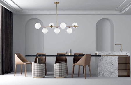 Moderní mosazný lustr FREDICA W7, skleněná stínítka