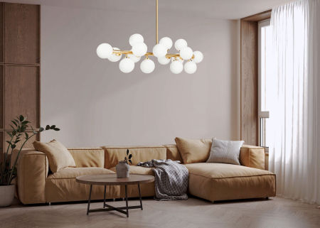 Moderní závěsná lampa, lustr PETRICA W16 zlatá skleněná stínítka koule