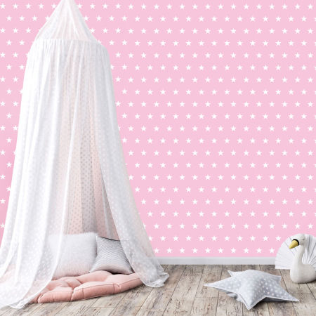 Růžová tapeta -  bílé hvězdy 5 cm
