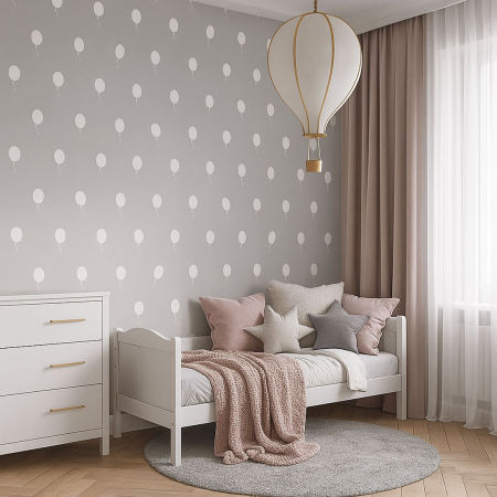 Šedá tapeta s bílými balónky