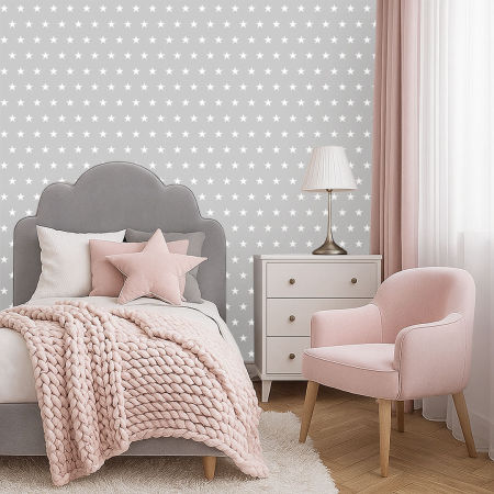 Šedá tapeta s bílými hvězdami velikosti 5 cm