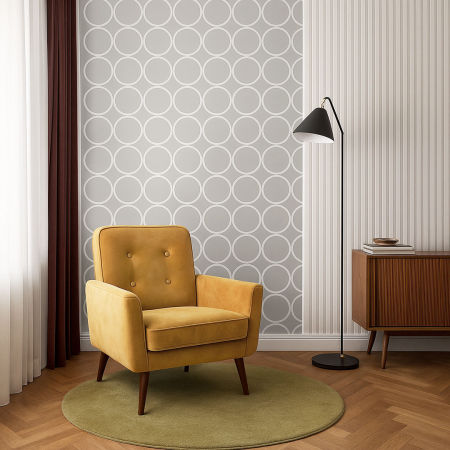 Šedá tapeta s bílými kružnicemi, kruhy, kolečka