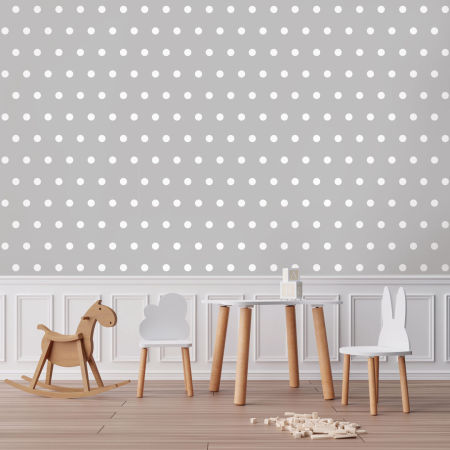 Bytová šedá tapeta s bílými puntíky, tečkami 5 cm