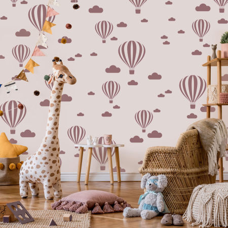 Tapeta s LÉTAJĺCĺMI BALÓNY a MRÁČKY, pro děti, béžovo-hnědá