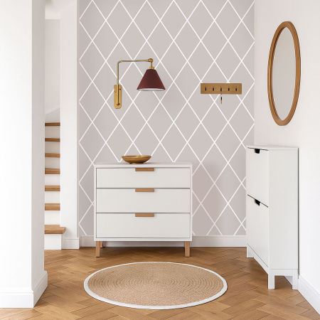 Béžově šedá tapeta se vzorem sítě z kosočtverců