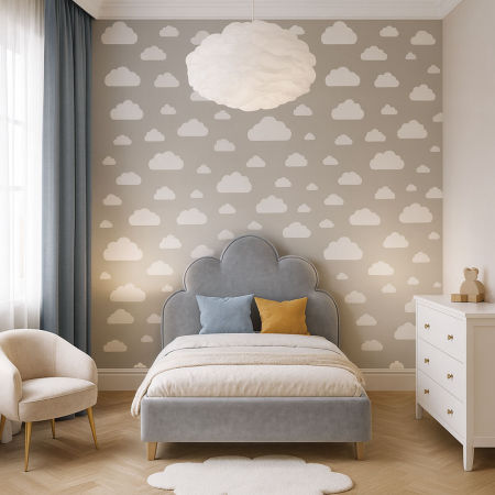 Šedo-bílá tapeta na zeď s mraky, mráčky velikostí 7,5-24 cm