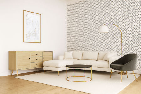 Bílo-černá tapeta s geometrickým motivem - síť, čáry, trojúhelníky, kosočtverce