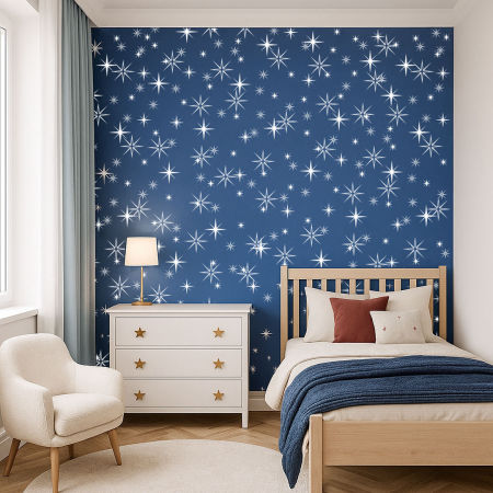 Modro-bílá tapeta se zářícími hvězdami, barva PANTONE Classic Blue