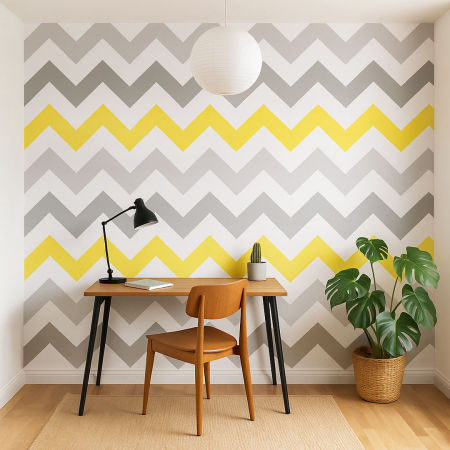 Modní a dekorační skandinávská tapeta bílo-šedo-žlutá s 23 cm vzorem cik cak