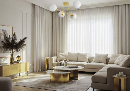 Zlaté stropní svítidlo, asymetrický tvar, kovové trubice, bílé koule, klasická zlatá barva - FINO