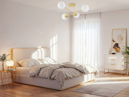 Zlaté stropní svítidlo, asymetrický tvar, kovové trubice, bílé koule, klasická zlatá barva - FINO