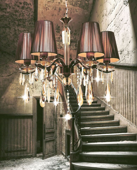 Křišťálový lustr, mosazná barva, bronzová stínidla, stylový, šestiramenný, na řetízku - ALESSIA W6