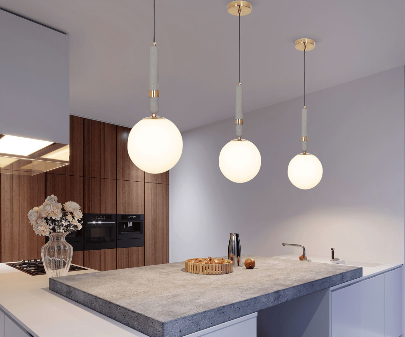 Moderní závěsná lampa GRANINO D20 v mosazné barvě, stínidlo koule, betonová násada - Lumina Deco obrázek 2