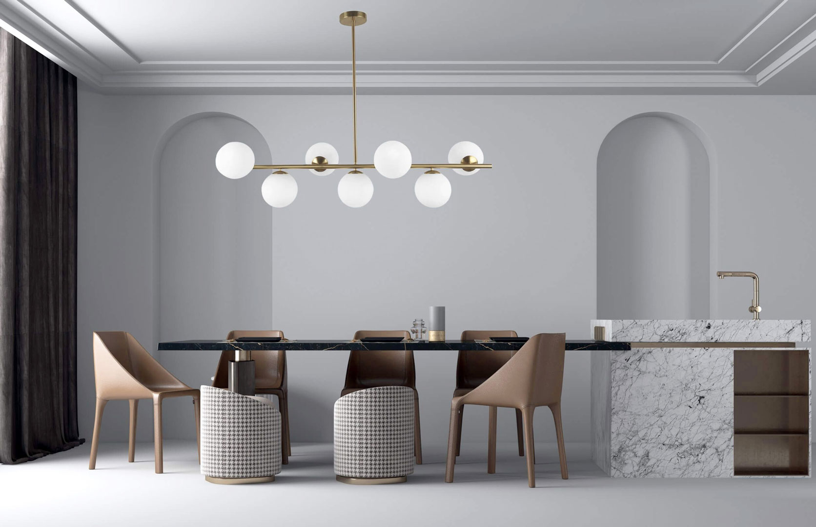 Moderní mosazný lustr FREDICA W7, skleněná stínítka - Lumina Deco obrázek 2