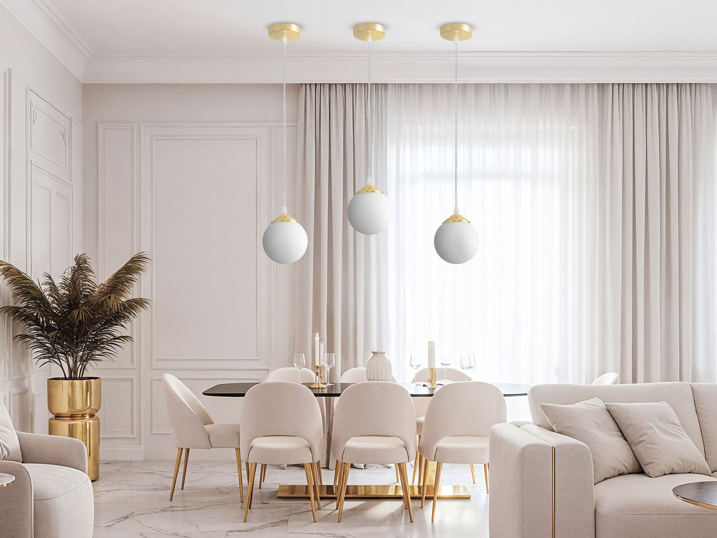 Jednoduchá zlatá závěsná lampa koule, bílá skleněná kulička, kulovité stínidlo, klasické zlato - FINO W1 - Lampit obrázek 2