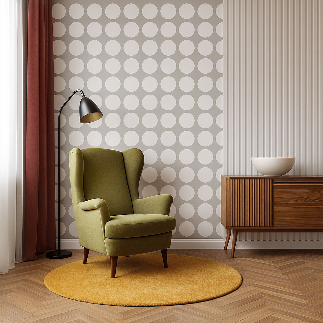 Tapeta šedá s velkými bílými puntíky, kruhy velikosti 18 cm - Dekoori obrázek 2