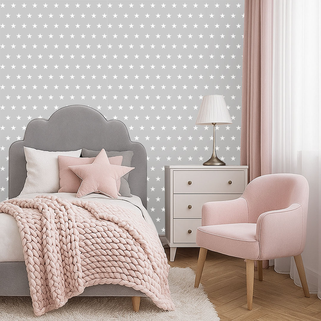 Šedá tapeta s bílými hvězdami velikosti 5 cm - Dekoori obrázek 2