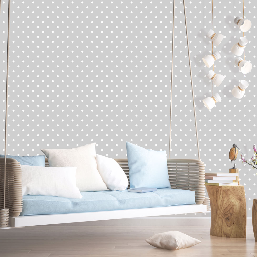 Šedá tapeta s drobnými bílými puntíky, tečkami, polka dot 2 cm - Dekoori obrázek 2