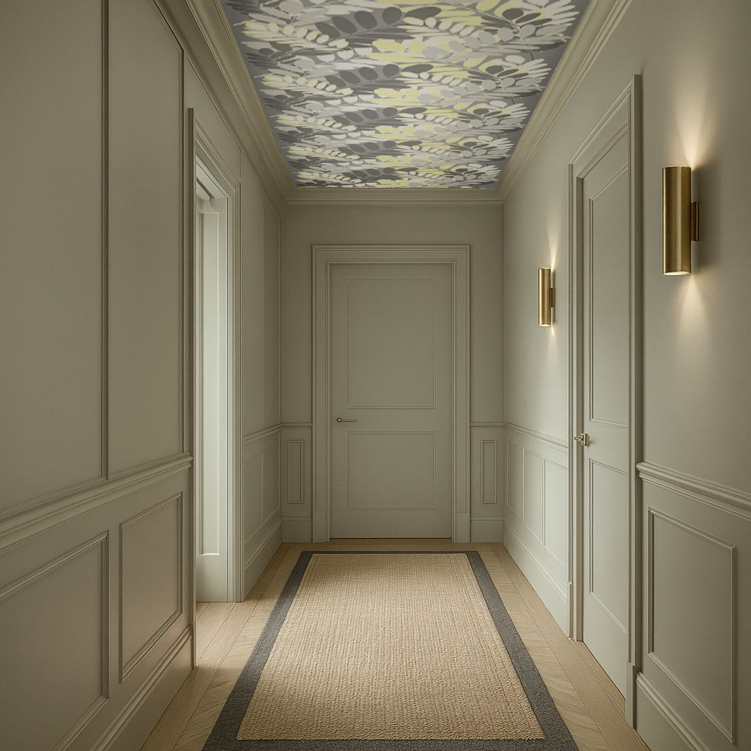 Tapeta šedo-bílo-žlutá s listy trnovníku akátu, rostlinný motiv - Dekoori obrázek 4