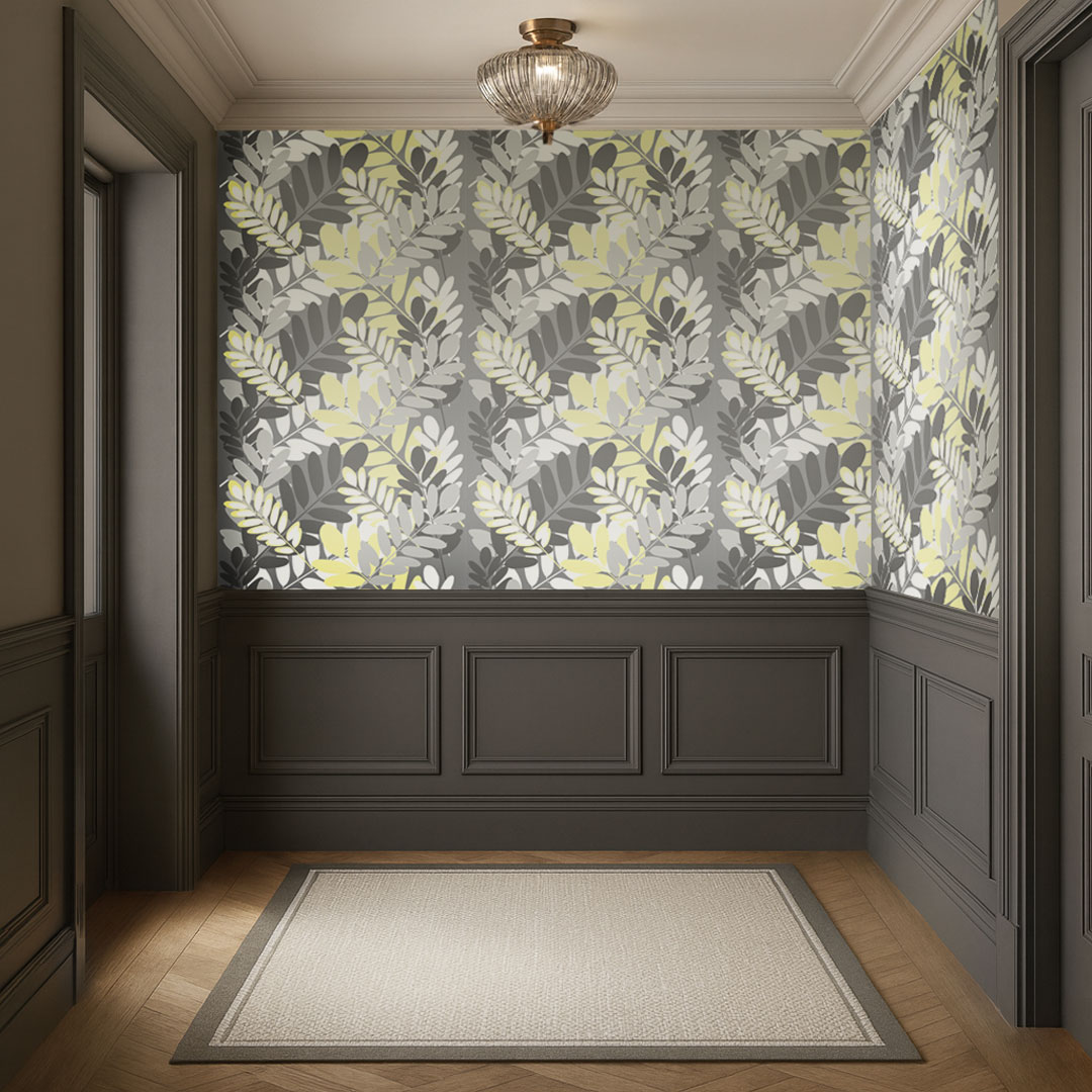 Tapeta šedo-bílo-žlutá s listy trnovníku akátu, rostlinný motiv - Dekoori obrázek 2