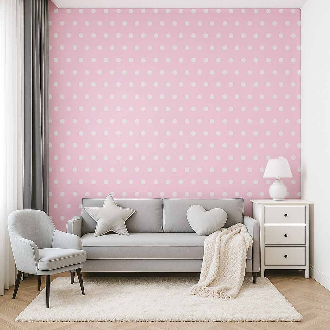 Růžová tapeta s bílými puntíky, tečkami, polka dot 5 cm - Dekoori obrázek 2