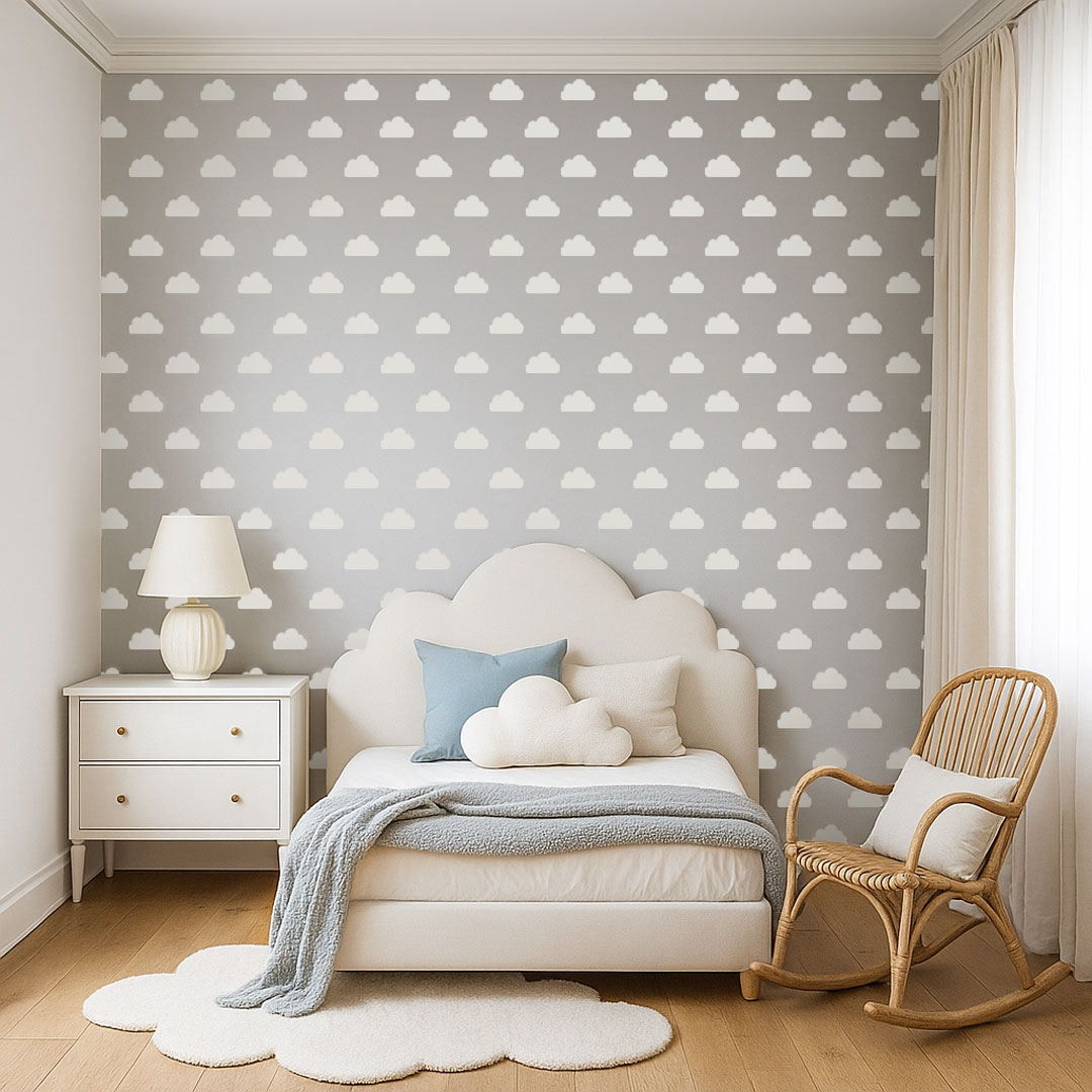 Šedá tapeta s mráčky, mraky bílé, pro děti - Dekoori obrázek 2