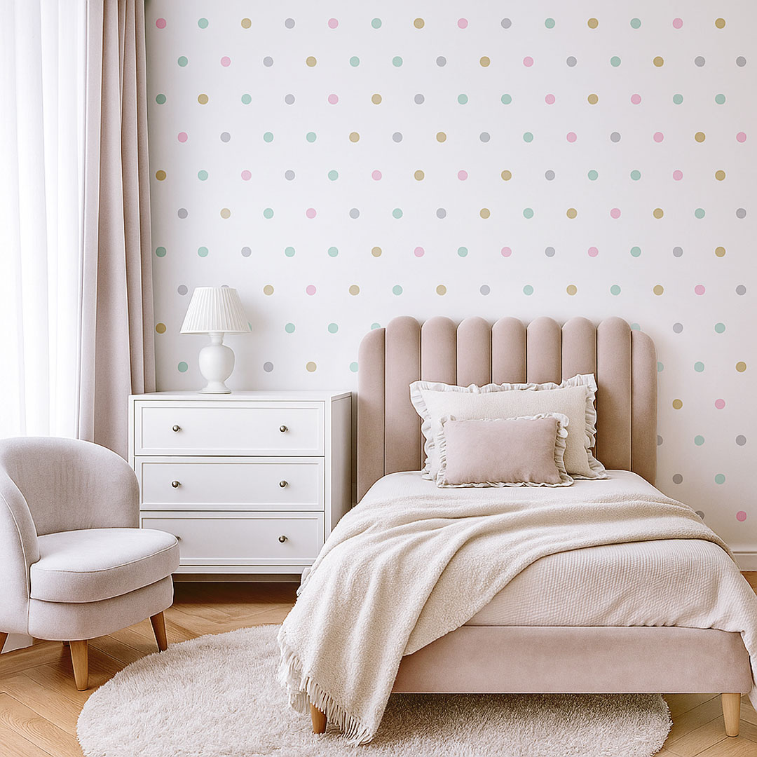 Tapeta s barevnými pastelovými puntíky, tečkami, polka dot 5 cm - Dekoori obrázek 2