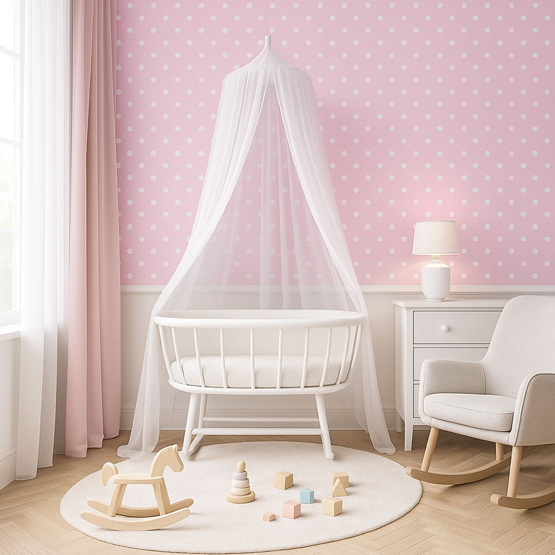 Tapeta růžová s drobnými bílými puntíky, tečky polka dot 2 cm - Dekoori obrázek 2