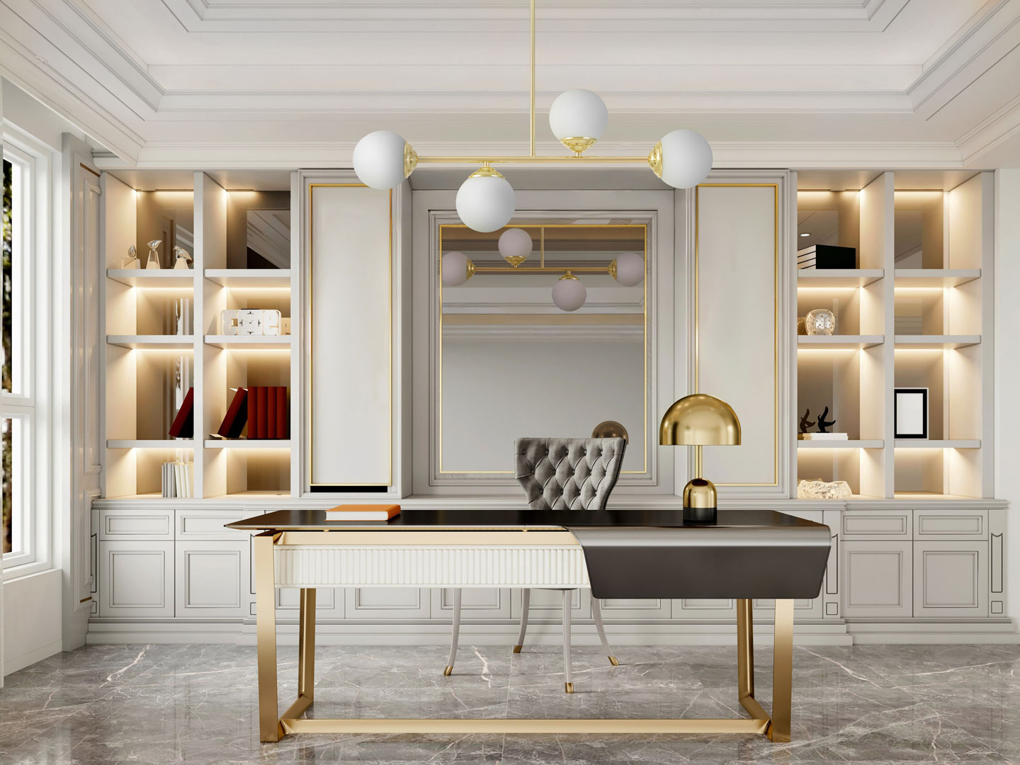 Zlaté závěsné světlo na trubici s bílými skleněnými stínidly, klasická zlatá barva - FINO - Lampit obrázek 4