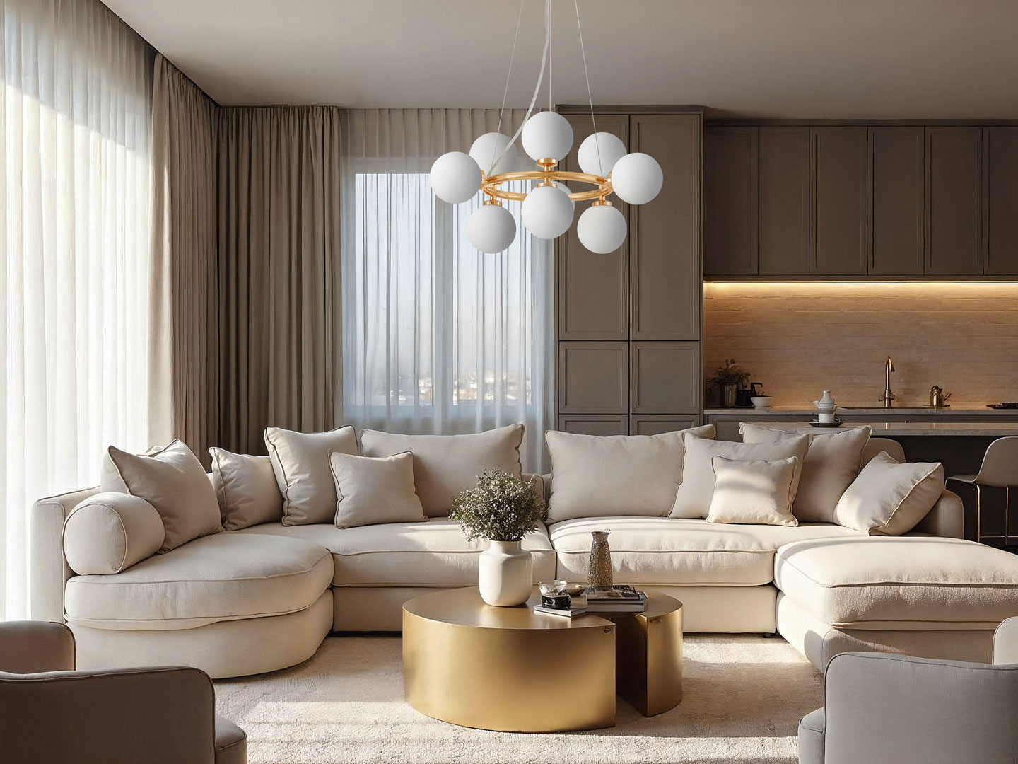 Zlatý lustr, stropní lampa MARSIADA kulatá bílá stínidla - Lumina Deco obrázek 4