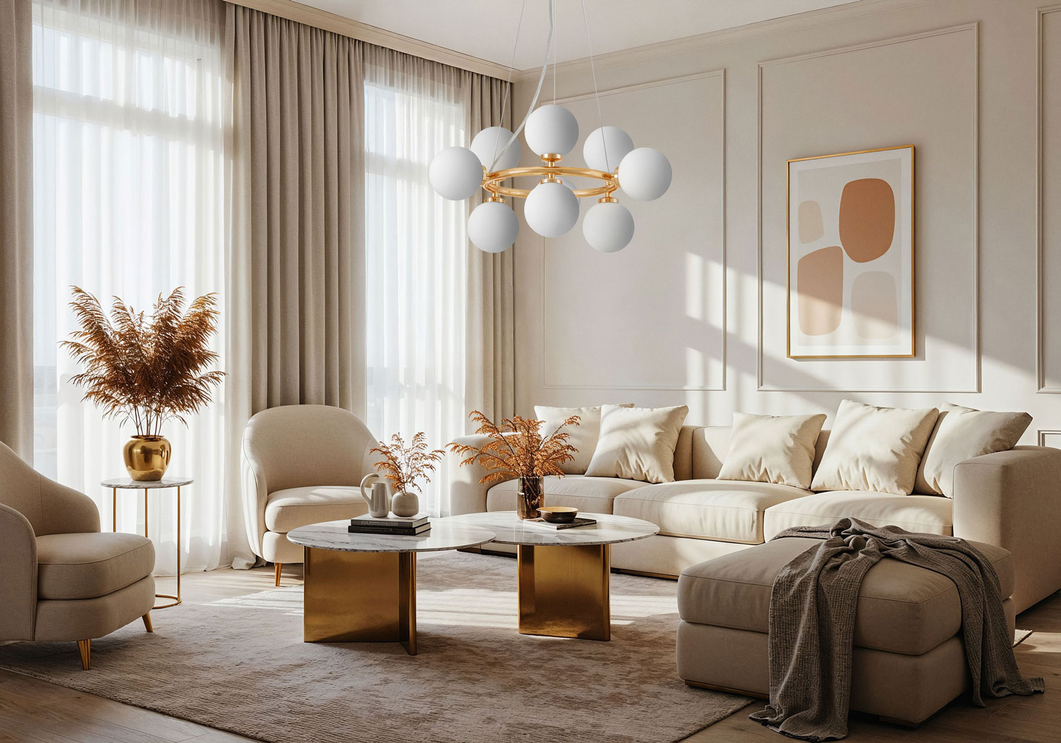 Zlatý lustr, stropní lampa MARSIADA kulatá bílá stínidla - Lumina Deco obrázek 2