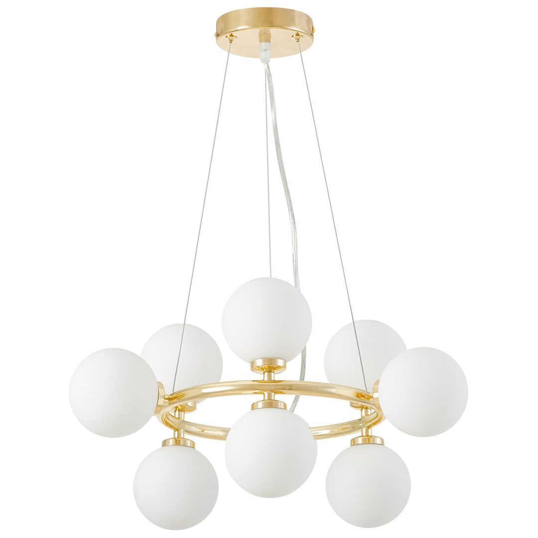Zlatý lustr, bílé skleněné koule, klasická zlatá, glamour závěsná lampa - MARSIADA - Lumina Deco obrázek 1