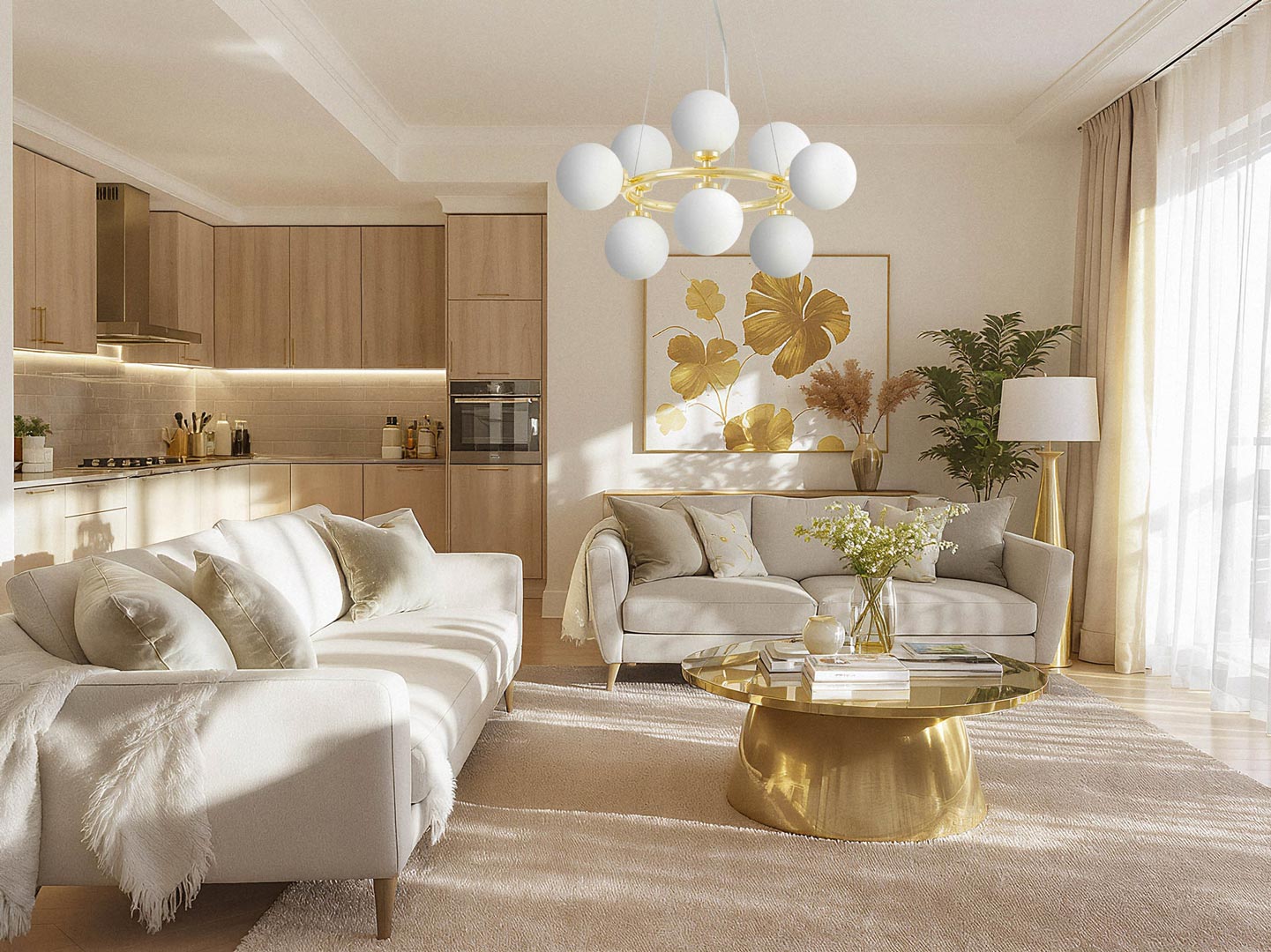 Zlatý lustr, bílé skleněné koule, klasická zlatá, glamour závěsná lampa - MARSIADA - Lumina Deco obrázek 2