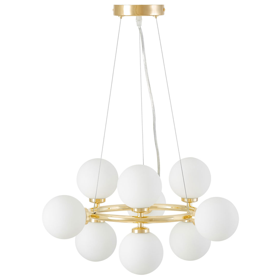 Zlatý lustr, bílé skleněné koule, klasická zlatá, glamour závěsná lampa - MARSIADA - Lumina Deco obrázek 2